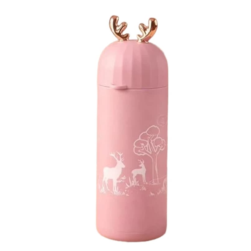 Cute Deer Antler Insulated Water Bottle, Pink, Stainless Steel, Forest Deer Print Flask