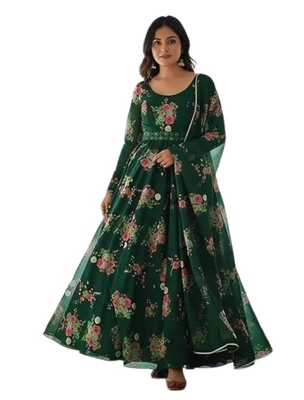 Women's Floral Printed Green Poly Georgette Flared Anarkali Kurta with Dupatta | Festive & Partywear Kurti Set for Women | Ethnic Anarkali Gown Dress For Women | Women's Anarkali Kurta Set