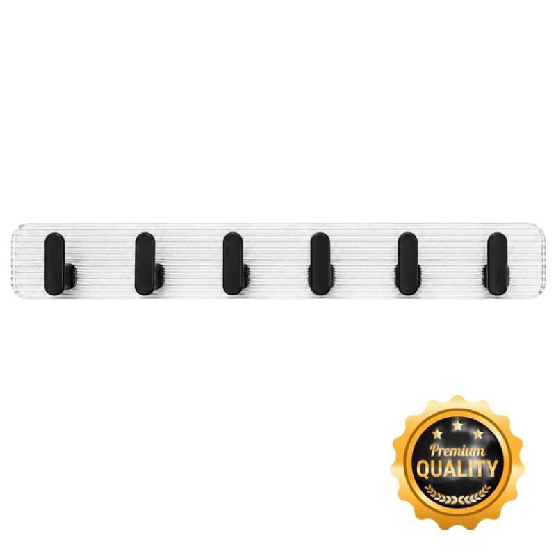 6 Hook Transparent Acrylic Wall Mount Organizer with Black Hooks Self Adhesive Storage Rack for Bathroom Kitchen Bedroom Entryway Keys Towels Bags and Accessories | multicolor