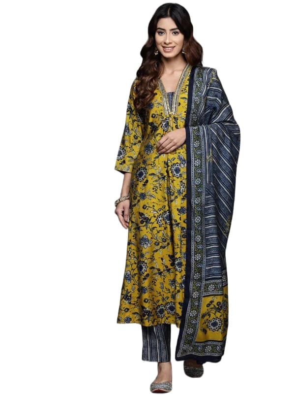Women Mustard Floral Printed Embellished Kurta with Bottom and Dupatta – Elegant & Comfortable Ethnic Set for Women