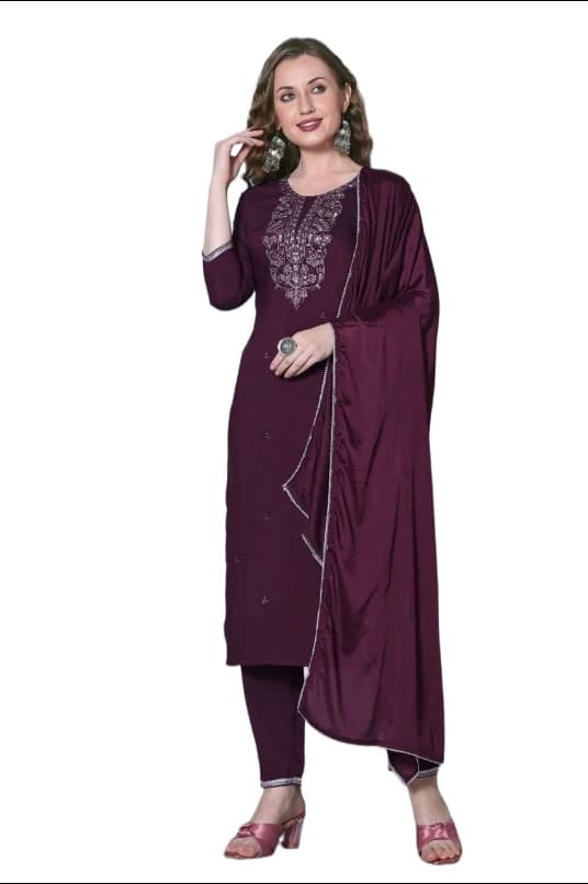 Women’s Silk Blend Kurta Set with Embroidered Design, Three-Quarter Sleeves, Silk Blend Bottom & Silk Dupatta