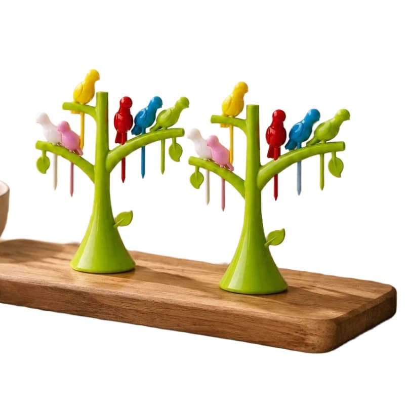 Bird Fruit Fork Set with Tree Stand (2 Pcs Combo) | 6 Bird Picks Each | Kids Snack, Cake, Dessert Toothpick | Kitchen & Party Use