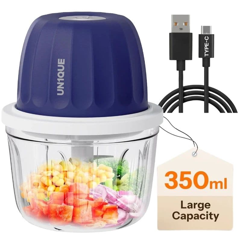 UN1QUE 350ML Rechargeable Mini Electric Chopper for Kitchen Use | One-Touch Operation | 304 Stainless Steel Blades | Chopper Electric for Chop, Mince, Puree, Whisk, Grind