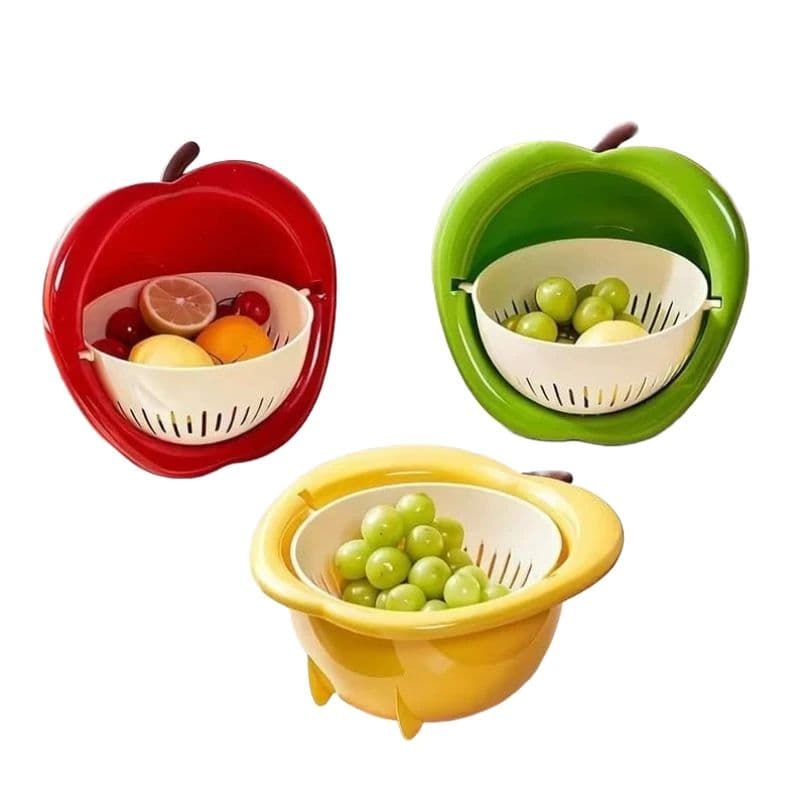 2-in-1 Apple Shaped Rotating Drain Basket for Kitchen | Fruit & Vegetable Washing Bowl with Colander | Double Layer Strainer Bowl | Multipurpose Washing Basket | BPA-Free Plastic | Pack of 1 | Multicolor