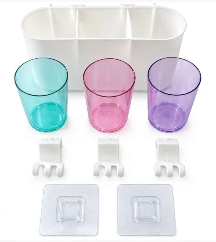 Wall Mounted Toothbrush Holder with 3 Cups & Top Shelf | Toothpaste Organizer Shelf | Punch-Free Adhesive Bathroom Rack