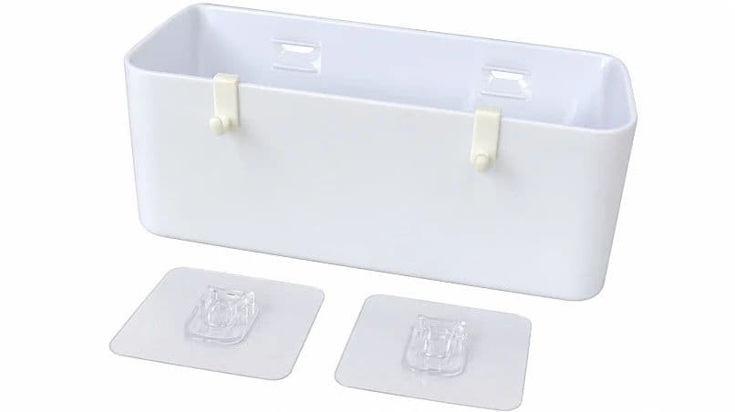 Multipurpose Wall-Mount Adhesive Bathroom Organizer Caddy – Durable White Plastic Storage Bin with Hanging Hooks for Shower, Kitchen & Vanity – Drill-Free Space Saver for Soap, Toiletries, and Towels