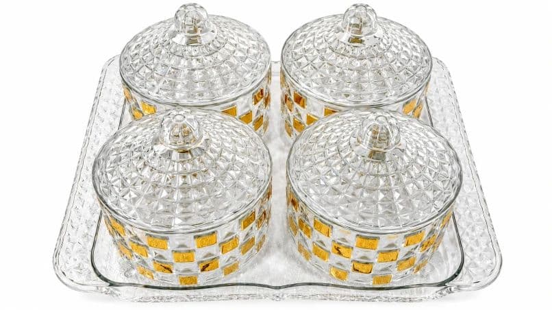 Elegant Decorative Glass Storage Jars with Lids, Set of 4, Multipurpose Dry Fruit, Candy, Spice & Kitchen Organizer Containers with Serving Tray for Home, Dining & Decor